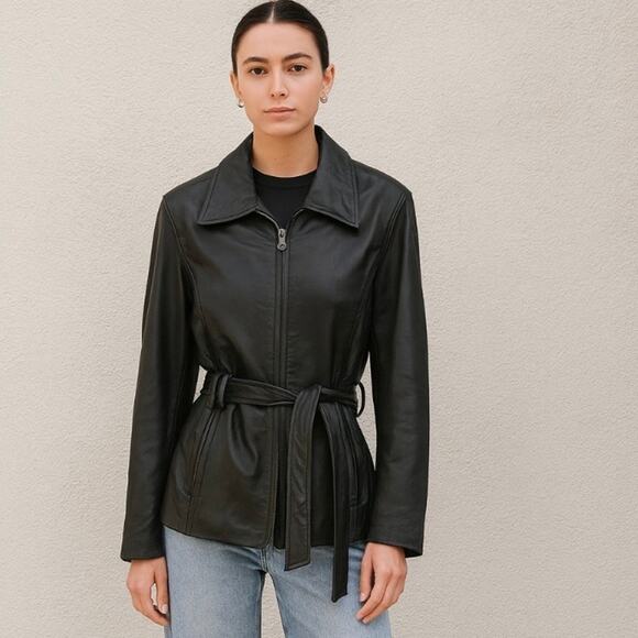 Y2K 90s Minimalist Black Butter Soft Leather Belted Zip Up Jacket Medium - Picture 9 of 10